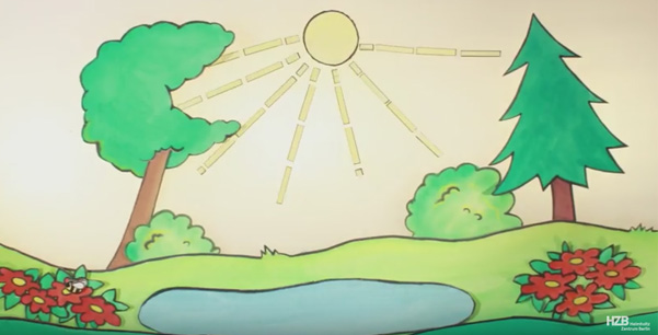 Grafik mit See, Bäumen und Wiese