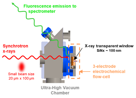 Schematics of the OÆSE endstation in EMIL@BESSY II. An integrating photon detector at 45°collects the fluorescence photons emitted by the sample 