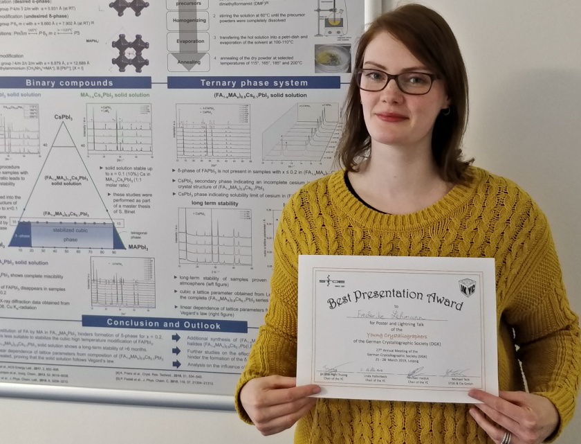 Frederike Lehmann hat f&uuml;r ihren Vortrag auf der Jahrestagung der Deutschen Gesellschaft f&uuml;r Kristallographie einen Preis erhalten.