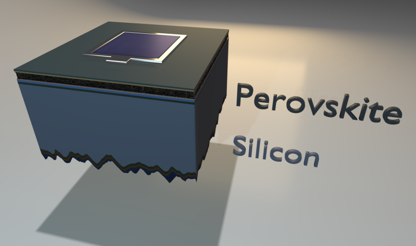Die Illustration zeigt den Aufbau der Tandemsolarzelle: zwischen der d&uuml;nnen Perowskit-Schicht (schwarz) und der Silzium-Schicht (blau) liegen funktionale Zwischenschichten.