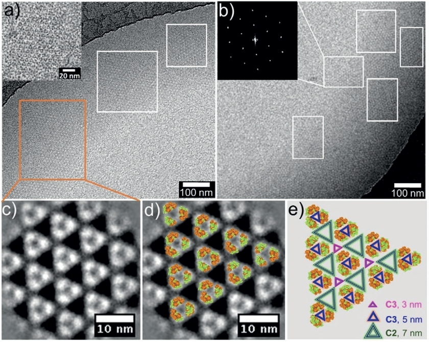 (a,b) Cryo-electron microscopy of the 2D-grating and the diffraction pattern of a section. (c-e) Magnification shows the 2D Pascal triangular pattern, with the inserted protein molecules.