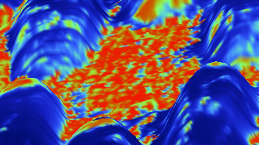 Mit der neuen Methode wurde die Oberfl&auml;che eines bimetallischen Katalysatormaterials in einem w&auml;ssrigen Medium abgerastert. Die Abbildung zeigt eine &Uuml;berlagerung des Stromsignals auf eine dreidimensionale Darstellung des H&ouml;henbildes. Dabei sind inselartige Bereiche zu erkennen.