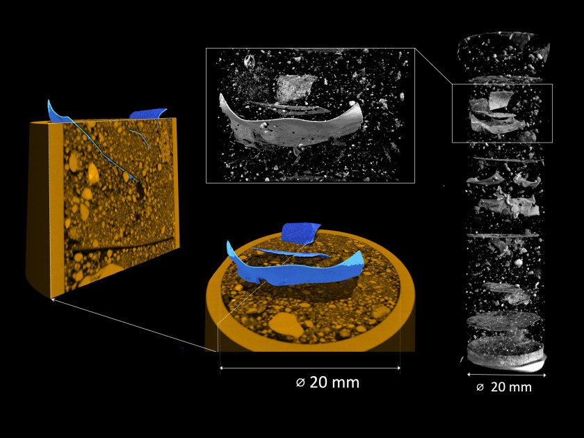 Untersucht wurde hier eine Probe aus Beelitzer Sandboden. Sie enth&auml;lt Fragmente von d&uuml;nner Polyethylenfolie (PET). Solche Folien werden im Spargelanbau eingesetzt. Die Neutronentomographie (in Graut&ouml;nen) zeigt, wo sich die PET-Fragmente befinden. Die R&ouml;ntgentomographie der Probe (Ocker) enth&uuml;llt die Bodenstruktur: &uuml;berlagert mit der Neutronentomographie werden die darin enthaltenen PET-Teilchen (in blau) sichtbar.