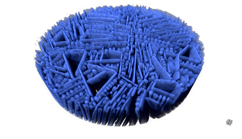 X-ray tomography shows the structure formed by a model system based on a sugar solution in 3D. The ice crystals appear blue in the image, the sugar solution is transparent. It is remarkable that both wall-like structures and spherical "frog fingers" form as a result of freeze moulding.