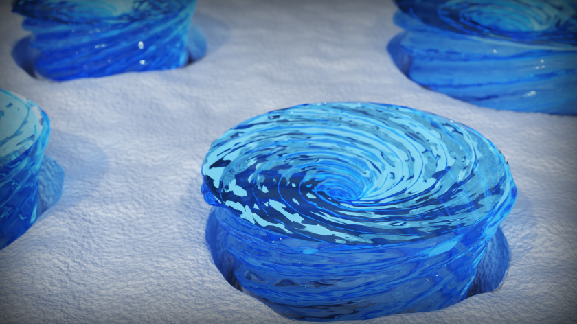 Artistic representation of the center down-convergent polarization field. It results from the compression of the polarization flux by the sidewalls of the nanoislands. The texture in each nanoisland resembles a swirling vortex of liquid flowing into a narrowing funnel.