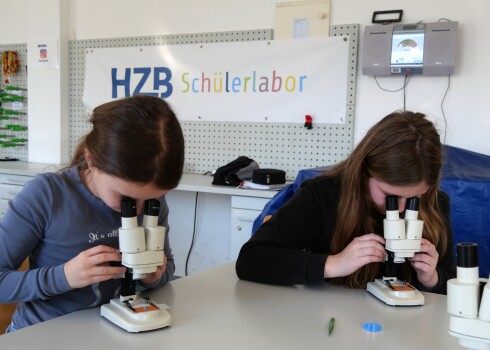Pr&uuml;fende Blicke in das Mikroskop.