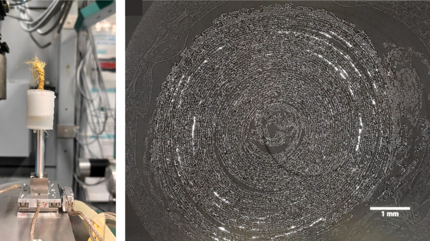 The image on the left shows the scroll at the BAMline at BESSY II. On the right is a reconstructed cross-section of the scroll. Traces of metal containing ink appear light in colour, while the paper is grey and the air is dark.