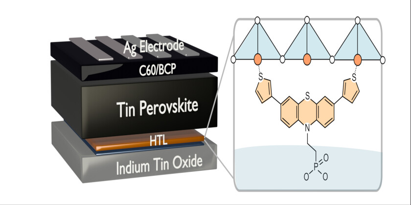 A self assembled monolayer of Phenothiazine enables the formation of perovskite films with good optoelectronic quality and minimises recombination losses.