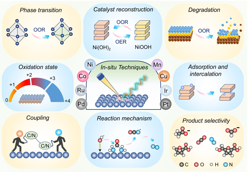 In situ and operando techniques allow real-time monitoring of catalyst behaviour under operating conditions.&nbsp; In situ methods also enable observation of adsorption and intercalation of intermediates into catalyst lattices, as well as bond formation and cleavage on the catalyst surface. Furthermore, product selectivity can also be mapped in operando conditions. Active metals used in OOR include Ni, Co, Cu, Mn, Ru, Pt, Pd and Au.