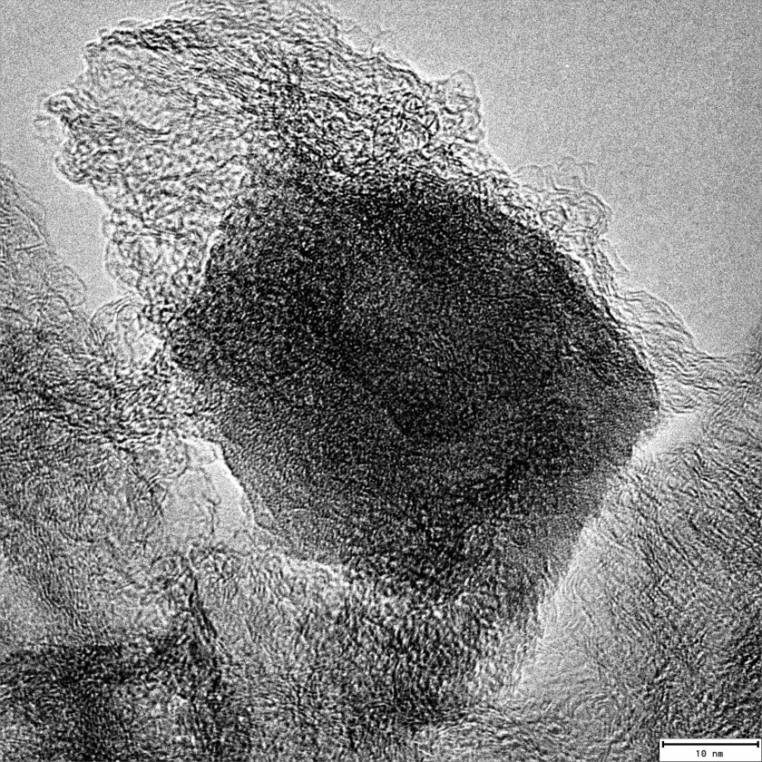 The image taken wit a transmission electron micrsocope in high resolution shows the complex and intricate structure inside the Fe-N-Carbon material.&nbsp;