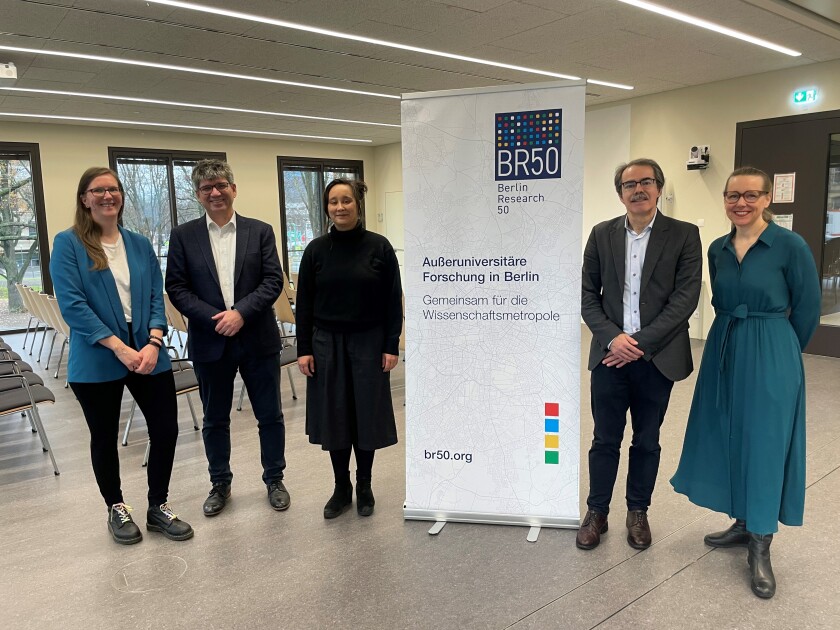 The new Board of Directors at BR50: (from the left) Anja Sommerfeld (Head of the office), Bernd Rech (HZB), Noa K. Ha (DeZIM), Michael Hinterm&uuml;ller (WIAS), Uta Bielfeldt (DRFZ), not on the picture Volker Haucke.