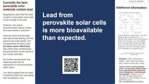 An example (quickly done) related to HZB research: &ldquo;Lead in perovskite solar cells is more bioavailable than expected.&rdquo;&nbsp; This shows not only the&nbsp;relevance of the research&nbsp;done, but triggers certainly a lot of&nbsp;questions&nbsp;&ndash; which are the fuel for&nbsp;scientific curiosity&nbsp;and advance. The side bars refer to the study design and results. The QR code refers to the full&nbsp; paper.
