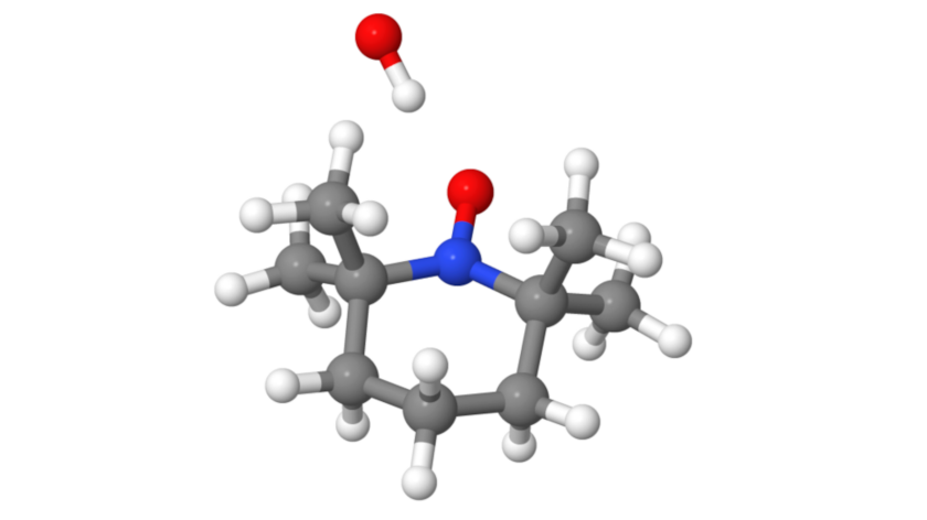How the radical scavenger TEMPO traps a hydroxyl radical OH&middot;. The proton of the hydroxyl radical reacts with TEMPO first. Colour coding: grey for C (carbon), white for H (hydrogen), red for O (oxygen) and blue for N (nitrogen).