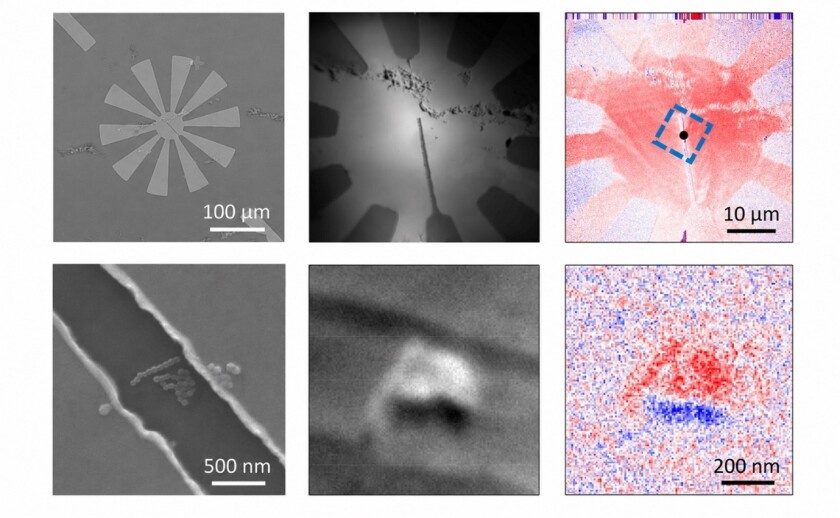 Links: Rasterelektronenmikroskopie-Aufnahmen des Magnetflusskonzentrators MFC (oben) und der winzigen Kette aus Magnetosom-Nanopartikeln im Spalt des MFC (unten). Mitte: XAS-Aufnahmen des MFC (oben) und der Nanopartikelkette (unten) mit h&ouml;herer Aufl&ouml;sung (siehe Ma&szlig;stab rechts). Rechts: Entsprechende XMCD-magnetisch empfindliche Aufnahmen.