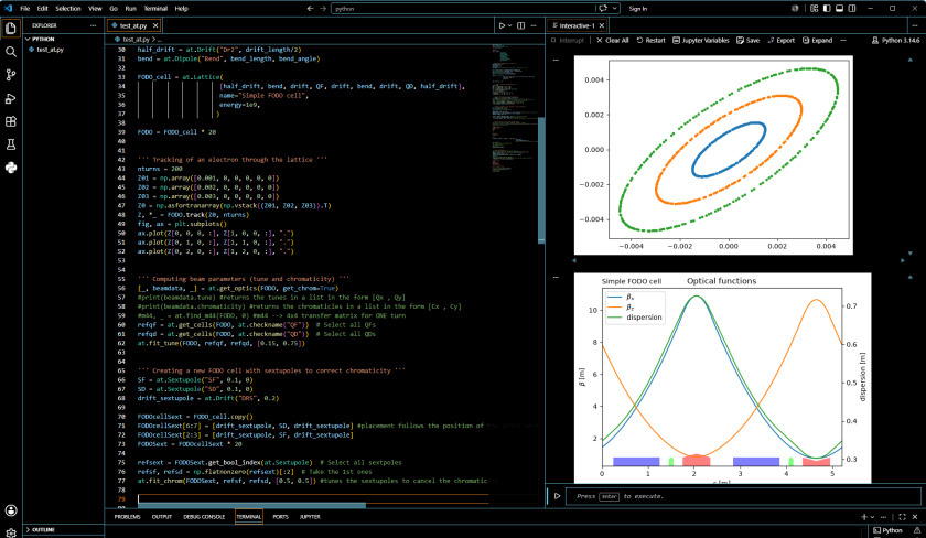 Figure 2: Image of code written in Python using the pyAT package, it models a so-called FODO-lattice. To the left are two types of graphs that the program outputs, and that can be used to analyse the quality of the modeled structure.