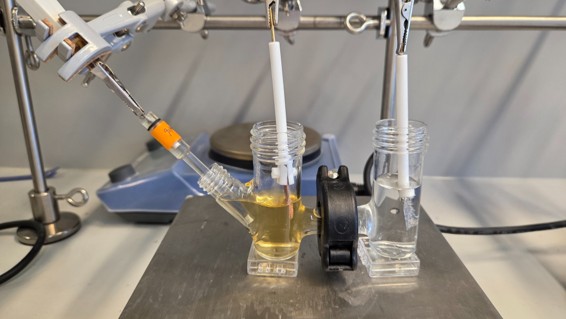 <p class="PhotoCaption" align="center">My new H-cell setup for the electrochemical transformation of organic molecules.