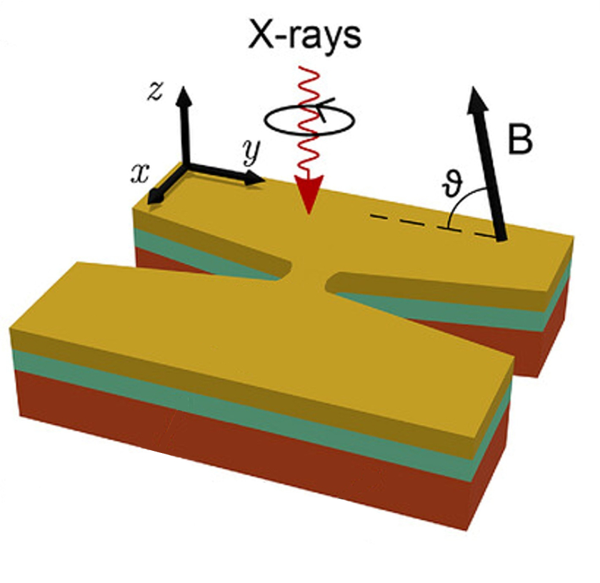 Illustration of a spin Hall nano-oscillator: First, a layer of a heavy metal (tungsten-tantalum) is deposited onto a substrate, followed by a layer of magnetic cobalt-iron-boron (green) just 1.4 nm thick, which is then covered with a nanometre-thick layer of magnesium oxide (yellow). When a current is passed through the constriction, the local magnetic moments begin to precess, generating a high-frequency signal.