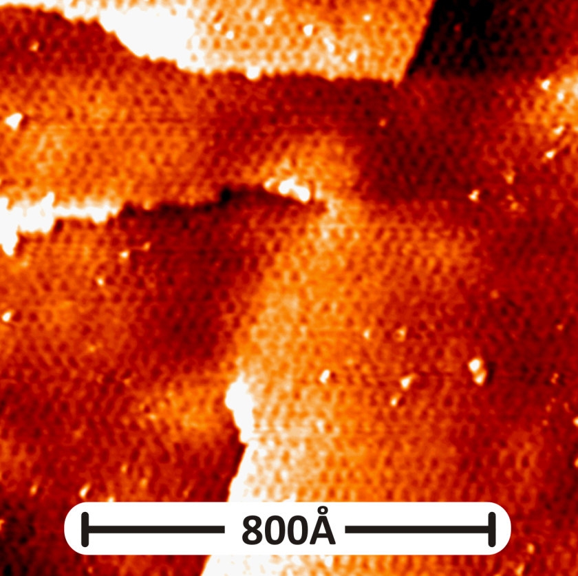 The picture shows the topography of graphene on gold with<br />periodic beatings ten times larger than the periodicity of<br />the carbon atoms. These beatings are moir-patterns, emerging<br />because of the different atomic structures of graphene and the<br />underlying monolayer of gold atoms. The structure of moir<br />influences chemical interactions between gold and graphene<br />layer and also electronic properties and spin behavior in graphene.<br />