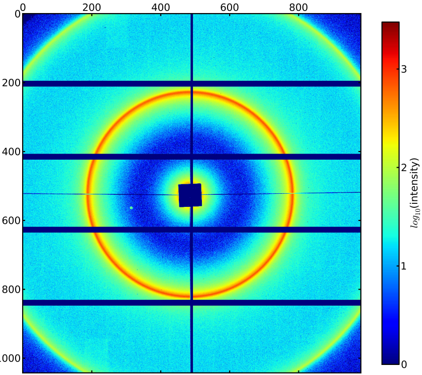 Erstes Forschungsergebnis, aufgenommen mit den <br />neuenvakuumkompatiblen Pilatus-Detektor: die <br />Rntgenkleinwinkelstreuung einer Mikrovesikel-Probe <br />(multilamellare Liposome).