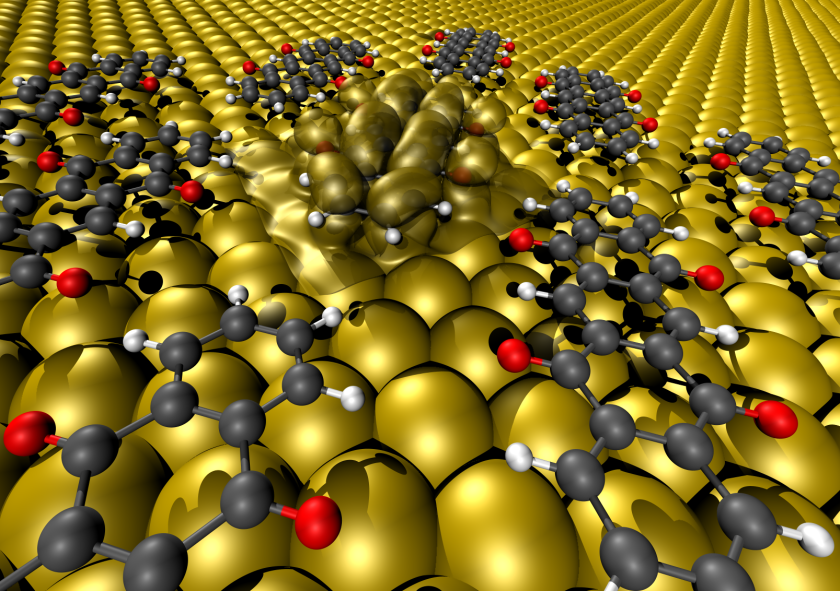 ber ihre Sauerstoff-Ausleger nehmen die untersuchten organischen Verbindungen Kontakt zu den Atomen der Metalloberflche auf. Dadurch verndern sich ihre elektronischen Eigenschaften.
</br>