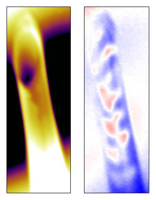 Links ist die durchleuchtete Probe zu sehen, rechts die Magnetisierungsdom&auml;nen (rot-blaue Muster). Die Probe ist eine 20 Nanometer dicke Schicht, die zu einer R&ouml;hre mit zwei Windungen aufgewickelt wurde. Die R&ouml;hre besitzt einen Durchmesser von 5 Mikrometern und eine H&ouml;he von 50 Mikrometern. 