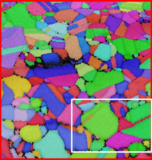 Der gleiche Ausschnitt dieser Probe mit EBSD kartiert. 