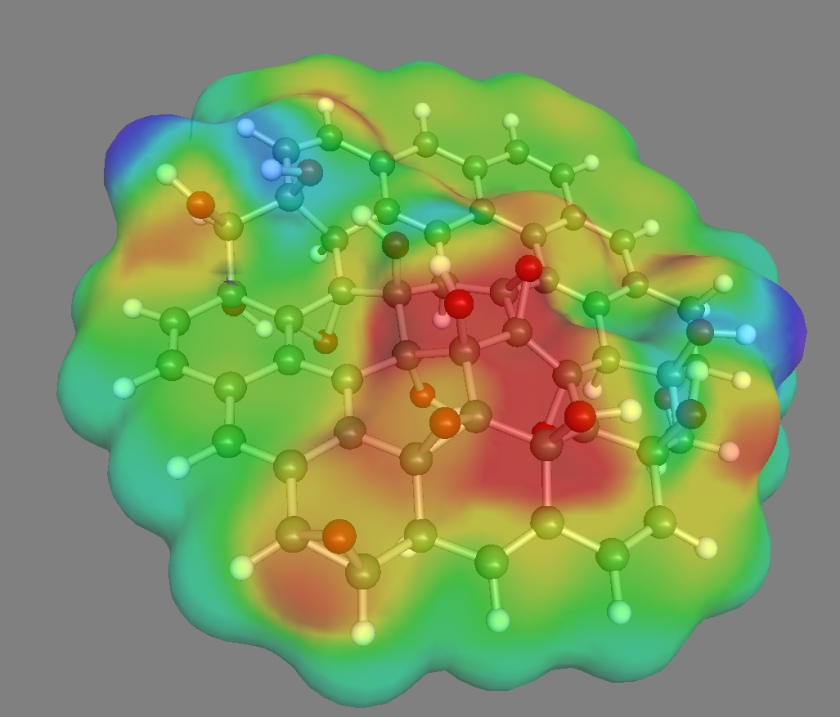 Eine erste Berechnung zeigt, wie sich die Elektronendichte &uuml;ber einem Graphen-Oxid-Nanopartikel in L&ouml;sung ver&auml;ndert: In den roten Bereichen ist die Elektronendichte unterdurchschnittlich, w&auml;hrend sie in den blauen Regionen &uuml;berdurchschnittlich gro&szlig; ist. Das Graphen-Partikel ist aus Kohlenstoffatomen (schwarz) gebildet, an die stellenweise Sauerstoff (rot) oder Wasserstoff (wei&szlig;) andockt. 