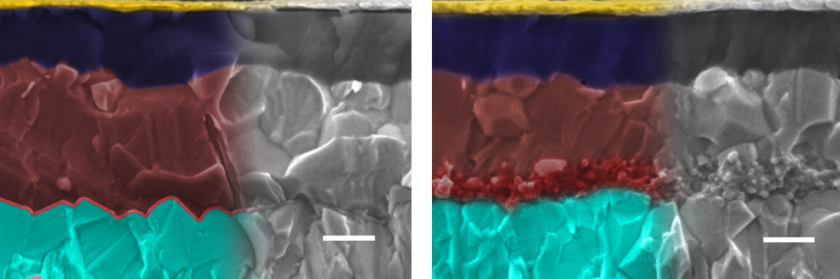 Rasterelektronenmikroskopien der Perowskit-Solarzellen, links mit glatter, rechts mit mesopor&ouml;ser Grenzschicht. Zur Verdeutlichung wurden die Bilder halbseitig eingef&auml;rbt: Metalloxid (t&uuml;rkis), Grenzschicht (rot), Perowskit (braun), lochleitende Schicht (dunkelblau) sowie Goldkontakt. Die Skala zeigt 200 nm. </p>
<p> 