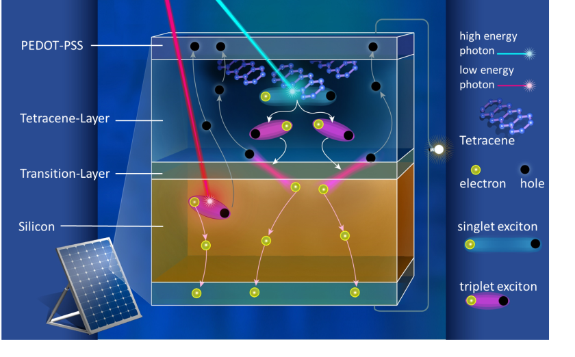 Principle of a silicon singlet fission solar cell with incorporated organic crystalls<br />