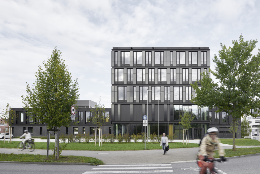 Facade with integrated CIGS thin-film solar modules at the institute building of the ZSW in Stuttgart.