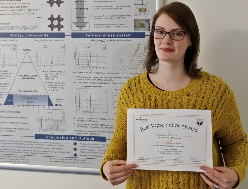 Frederike Lehmann earned an award for her presentation at the annual meeting of the German Society for Crystallography.