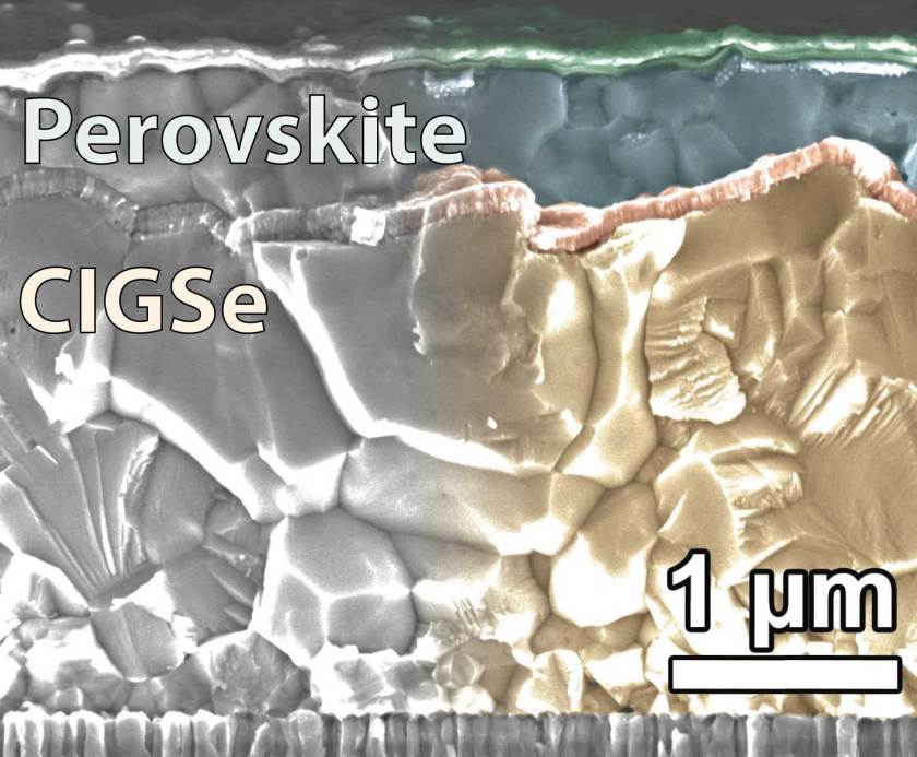 Die Elektronenmikroskopieaufnahme zeigt eine AZO-Schicht (r&ouml;tlich eingef&auml;rbt) zwischen dem Perowskit- und dem CIGS-Halbleiter. Die monomolekulare SAM-Schicht befindet sich auf der AZO-Schicht.