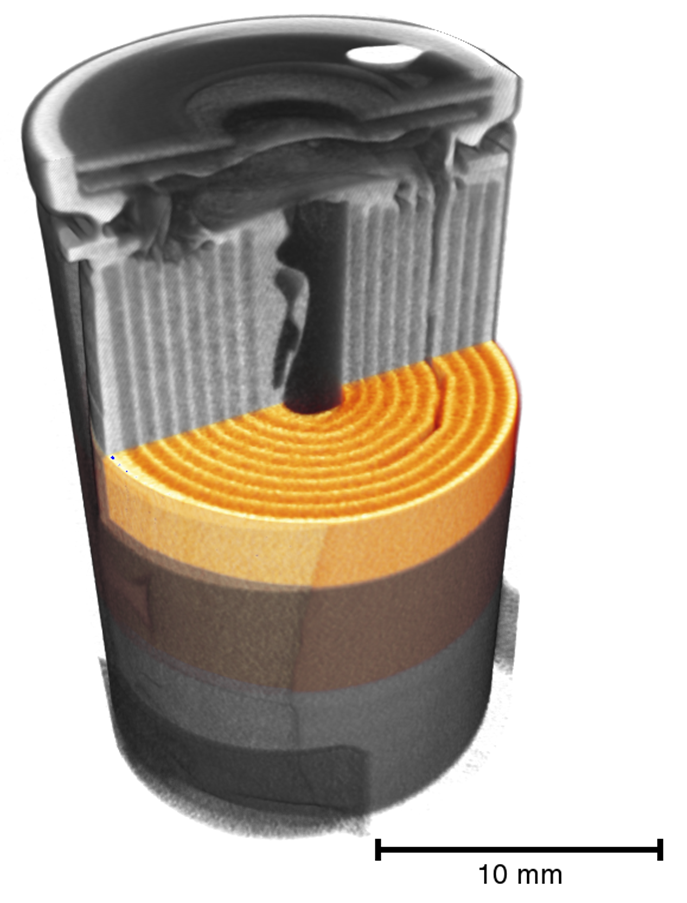 3D-Image of a battery, virtually cut with a computer programm.