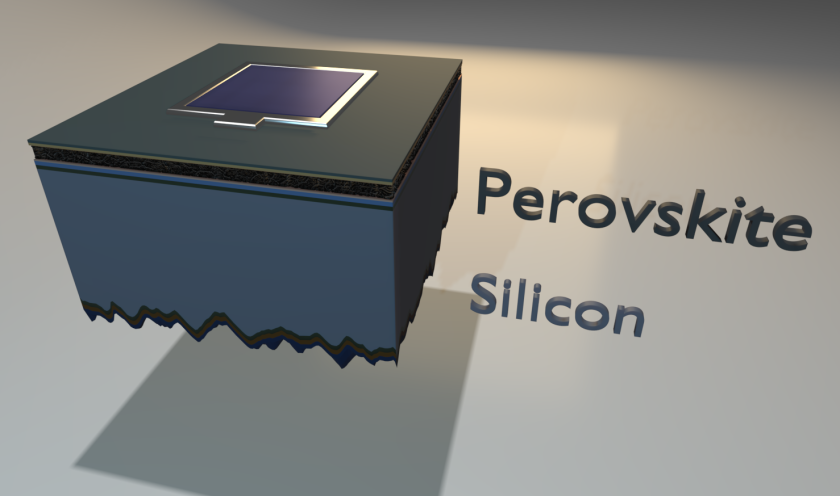 The illustration shows the structure of the tandem solar cell: between the thin perovskite layer (black) and the silicon layer (blue) are functional intermediate layers.