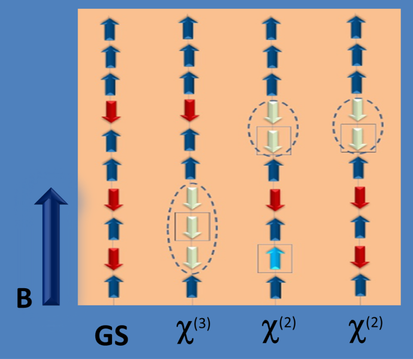 In the ground state the magnetic moments are either upward or downward, the spins antiparallel to the external magnetic field (red) are never together (right). By excitation, further spins can align antiparallel and Bethe chains are formed (white spins, left).