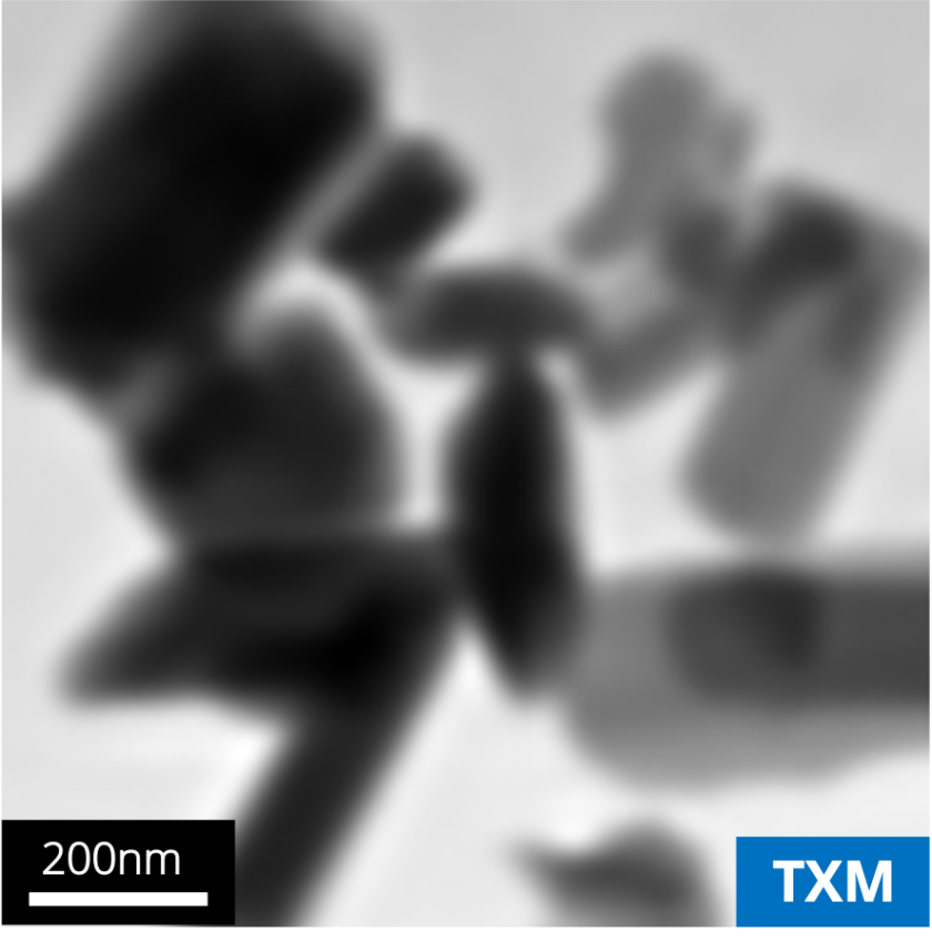 Aufnahme der gleichen Probenstelle mit einem Transmissions-R&ouml;ntgenmikroskop TXM (U41 Strahlrohr bei BESSY II, HZB) in einer Gasatmosph&auml;re.