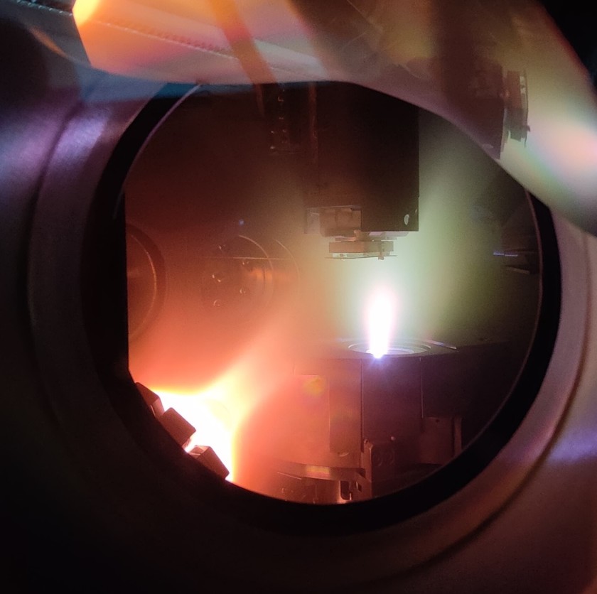 Pulsed laser deposition: An intense laser pulse hits a target containing the material, tranforming it into a&nbsp; plasma which is then deposited as a thin film onto a substrate.