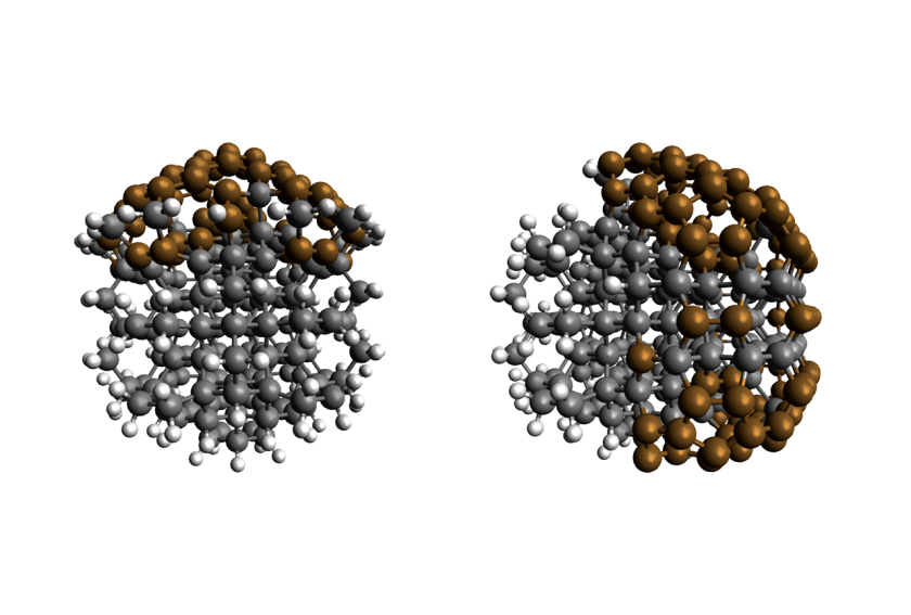 Die Illustration zeigt zwei Varianten von Nano-Diamant-Materialien mit unterschiedlichen Oberfl&auml;chen: C<sub>230</sub>H<sub>106</sub> links, C<sub>286</sub>H<sub>68</sub>&nbsp; rechts. Sp3-C-Atome (Diamant) schwarz, sp3x C-Atome (Fulleren-artig) braun, H-Atome: Hellgrau. Bei teilweiser Belegung der Fl&auml;che mit Wasserstoff k&ouml;nnen Nanodiamanten schnell genug Licht im sichtbaren Bereich absorbieren und Elektronen in L&ouml;sung gehen.