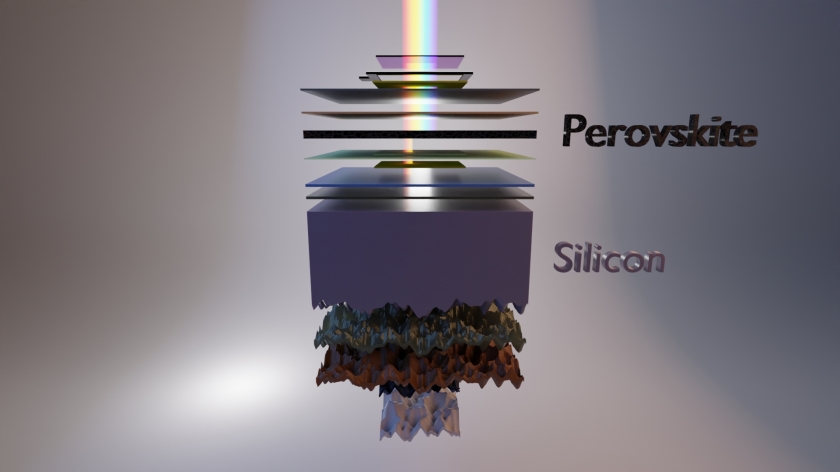 The illustration shows the schematic structure of the tandem solar cell with a bottom cell made of silicon and a top cell made of perovskite. While the top cell can utilise blue light components, the bottom cell converts the red and near-infrared components of the spectrum. Different thin layers help to optimally utilise the light and minimise electrical losses.