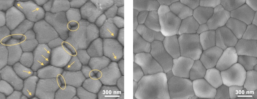 Under the scanning electron microscope (SEM), clear voids can be seen at the grain boundaries of the control perovskite film (left). These defects can lead to losses and reduce the efficiency. With b-pV2F (right) the voids are reduced.