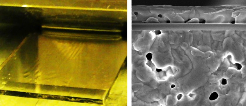 The wet coating with a standard ink composition: the wet perovskite thin films (left) has a rib-like structure. The corresponding SEM image (right) of the annealed perovskite film shows inhomogeneities.