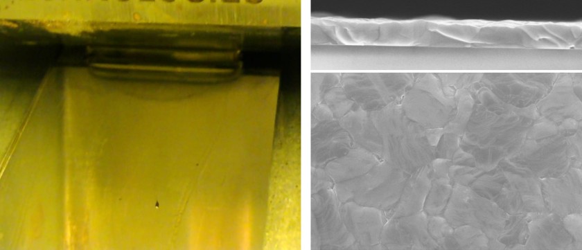 The wet coating with the optimised ink composition (left) is nearly perfectly even. The corresponding SEM image (right) of the annealed perovskite film shows much less inhomogeneities.