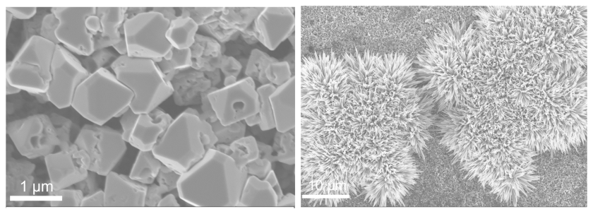 SEM-image of &nbsp;the copper cathode at low potassium concentration (left) and at higher potassium concentration (right) in the electrolyte.