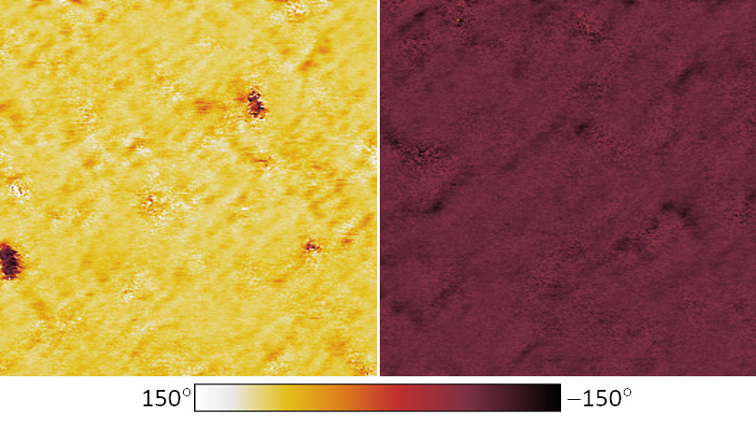 PFM phase images of a W/HZO/W-capacitor. The pristine sample shows a positive piezoelectric coefficient (left). After more than 8000 cycles of an ac-electric field, the piezoelectric coefficient has changed its sign and is negative (right). The polarization is pointing downwards in both images.
