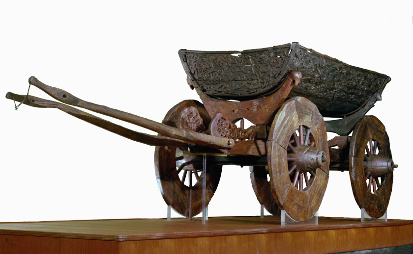  Museum of Cultural History, University of Oslo /<br />Eirik Irgens Johnsen<br />The wood fibres of the richly decorated ceremonial wagon<br />are disintegrated because of the preservation method.