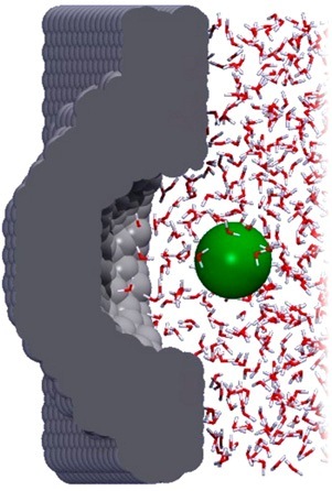 With the help of computer simulation, researchers have been<br />able to calculate the movements and forces between <br />water molecules (small, red-and-white dipoles), a ligand (shown in green),<br />and the protein molecule's water-repellant hollow pocket.
