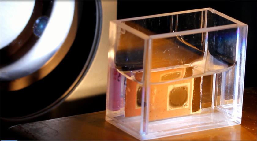 This complex solar cell is coated with two different catalysts and works like an "artificial leaf", using sunlight to split water and yield hydrogen gas.