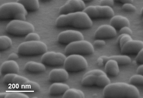 The silver nanoparticles are irregularly shaped and randomly distributed over the surface, as shown by the scanning electron microscope image.<br />