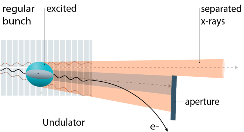 Im Normalmodus emittieren die Elektronenpakete (graue Ellipse) auf der Achse des Undulators ihre Strahlung (grau). Durch die Anregung wird der Strahl abgelenkt und teilweise in der gek&uuml;hlten Blende vernichtet. Nur Strahlung aus dem angeregten Elektronenpaket (blau)  erreicht so das Strahlrohr. Alle Signale kommen dann &bdquo;gef&uuml;hlt&ldquo; von einem Einzelpuls, der sich bei jedem Umlauf wiederholt. <br /><br />