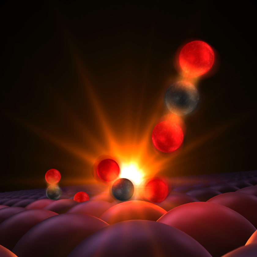 This illustrates a moment captured for the first time in experiments at SLAC National Accelerator Laboratory. The CO-molecule and oxygen-atoms are attached to the surface of a ruthenium catalyst. When hit with an optical laser pulse, the reactants vibrate and bump into each other and the carbon atom forms a transitional bond with the lone oxygen center. The resulting CO<sub>2</sub> detaches and floats away. 